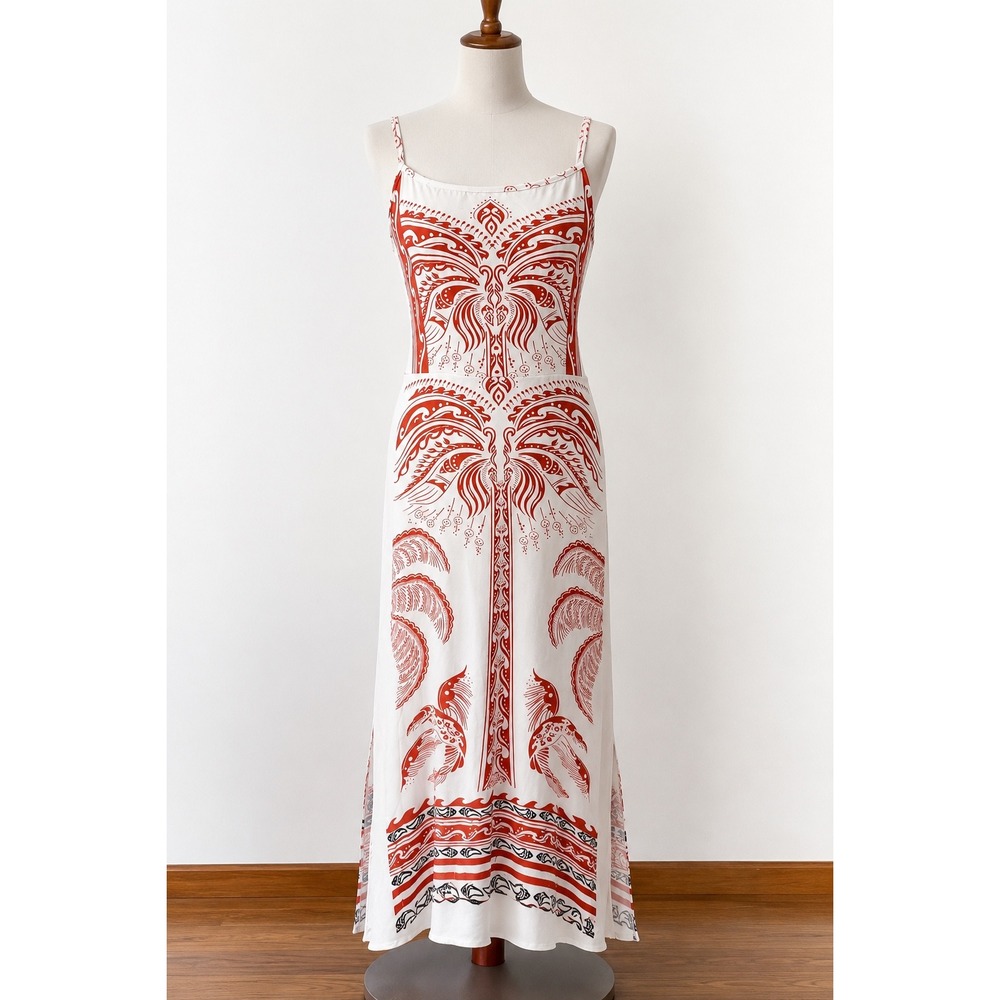 Ally's Boutique Boho Maxi Dress Red White Open Back Tie Sz L